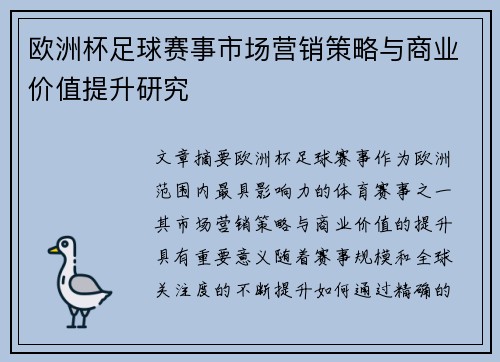 欧洲杯足球赛事市场营销策略与商业价值提升研究