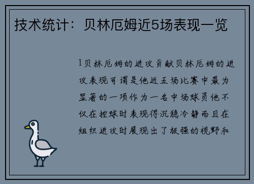 技术统计：贝林厄姆近5场表现一览